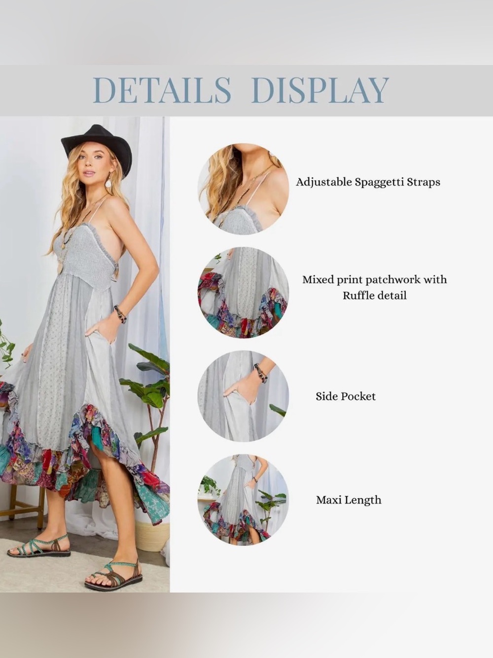 NWT Smocked Boho Light Grey Maxi Dress with Colorful Ruffle Gypsy Hem - Picture 9 of 10